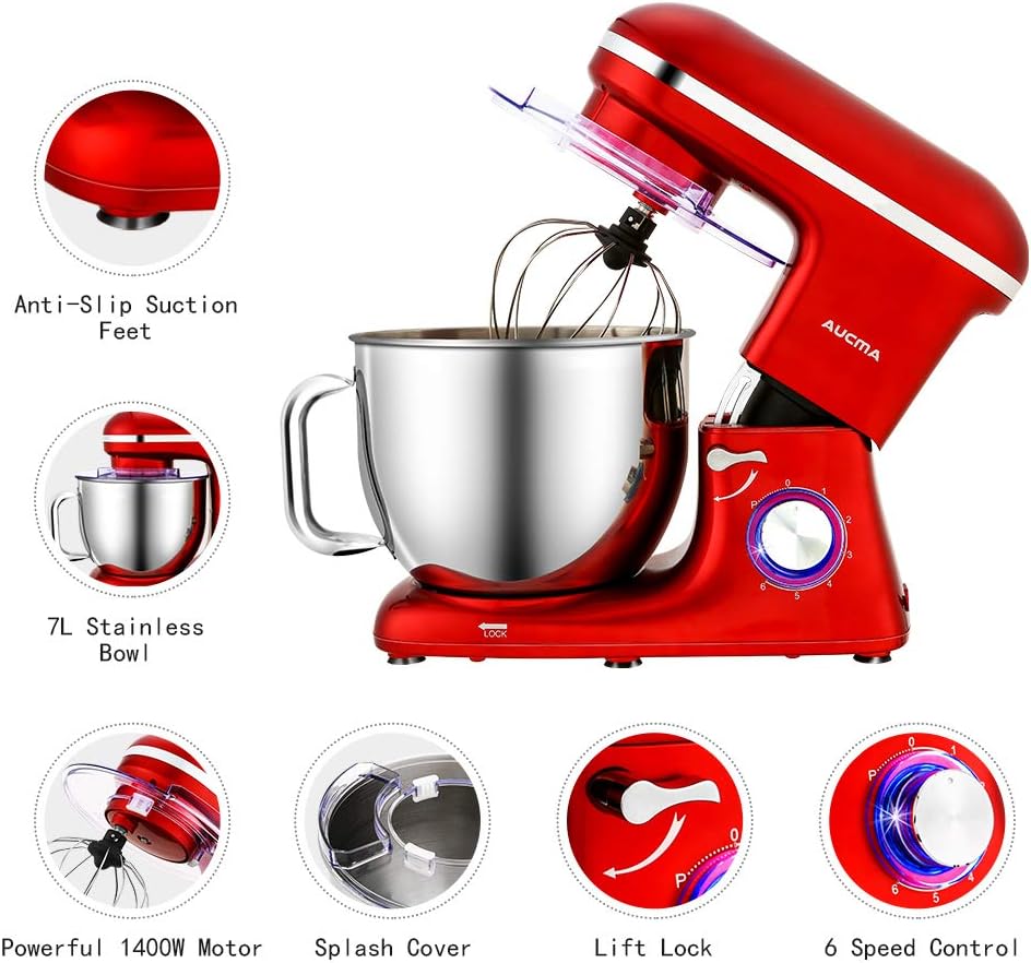 Aucma Stand Mixer,6.2L, 6 Speed Electric Kitchen Mixer with Dough Hook, Wire Whip & Beater 1400W (6.2L, Red)