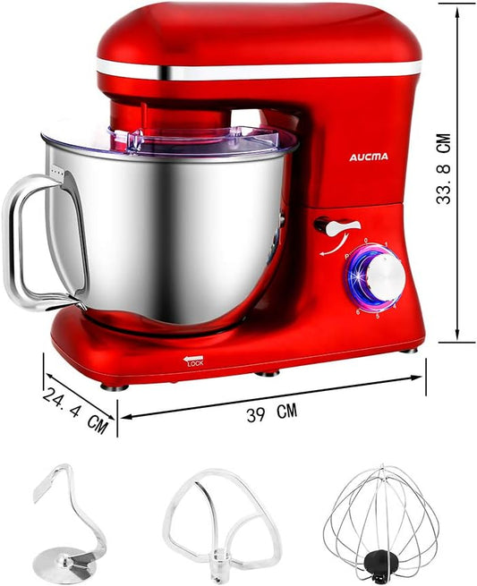 Aucma Stand Mixer,6.2L, 6 Speed Electric Kitchen Mixer with Dough Hook, Wire Whip & Beater 1400W (6.2L, Red)
