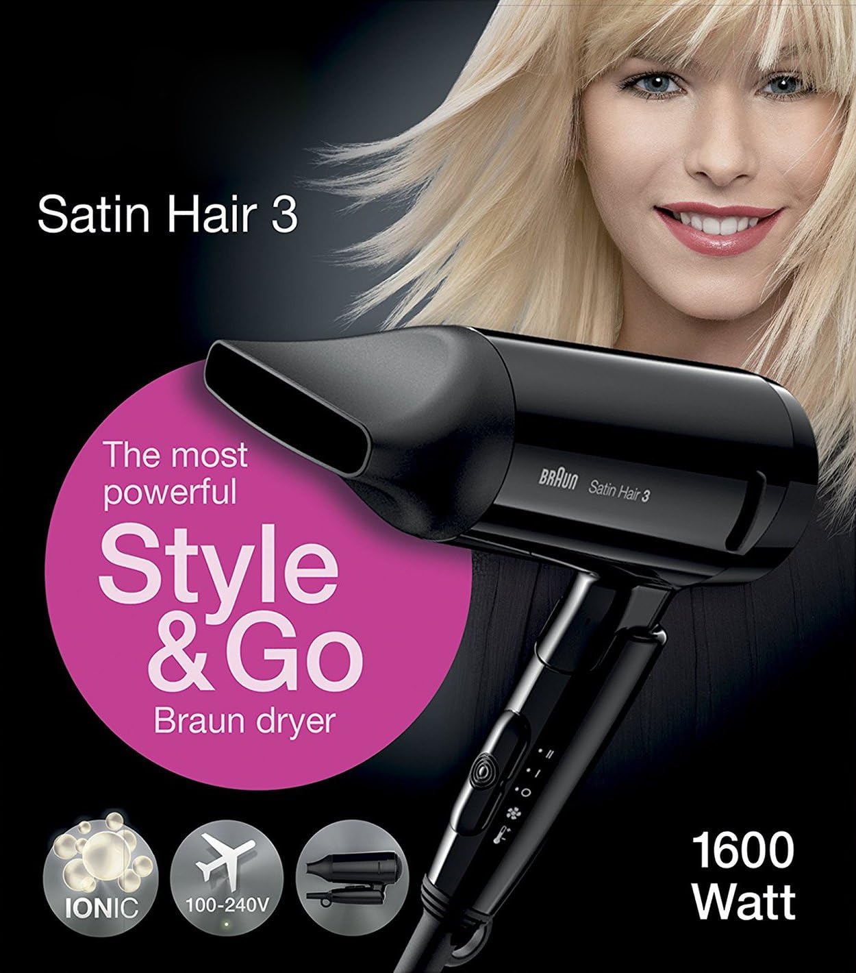 Braun HD350 Satin Hair 3 Style & Go Travel Dryer 1600 watt, Ionic, Multi Voltage