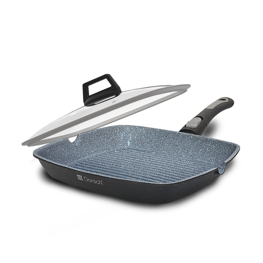 "Lifetime Dorsch Non-Stick Grill Pan with Lid – 28 cm. Die-cast aluminum pan with three-layer PFOA-free nonstick coating. Features high ridges for grill marks and easy fat drainage. Compatible with gas, electric, and induction cooktops. Hand wash recommended."