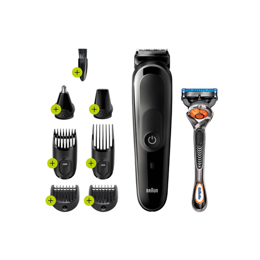 Braun All-in-One trimmer 5 for Face, Hair, and Body, Black/Grey 8-in-1 styling kit with Gillette Fusion5 ProGlide razor