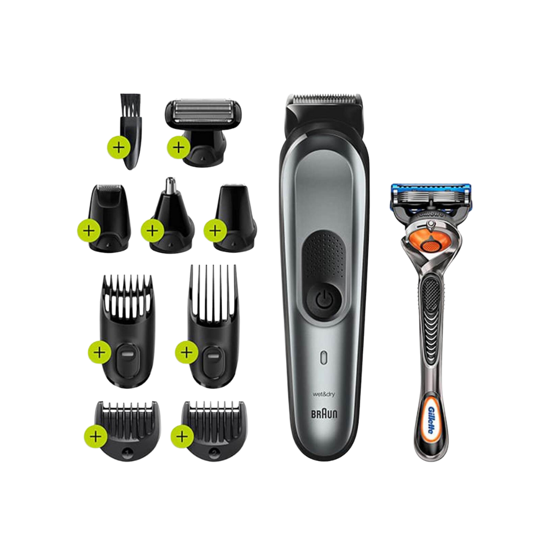 Braun All-in-One trimmer 7 for Face, Hair, and Body, Black/Grey Metal 10-in-1 styling kit with Gillette Fusion5 ProGlide razor