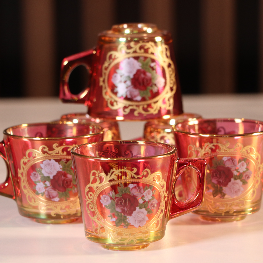 Luxury Red & Gold Plated 12 Pcs Coffee Cups With Handle [Crystal]