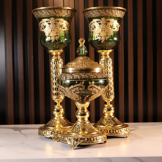 Luxury Green & Gold Plated 3 Pcs Vase Set [Crystal]