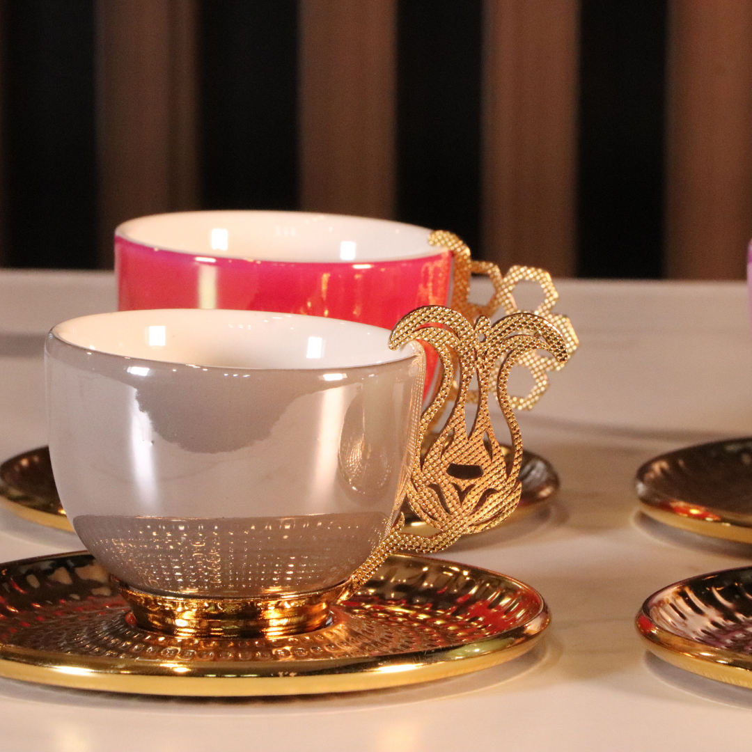 Luxury Colorful Arabic Gold Handle Coffee Set - 12 Pcs