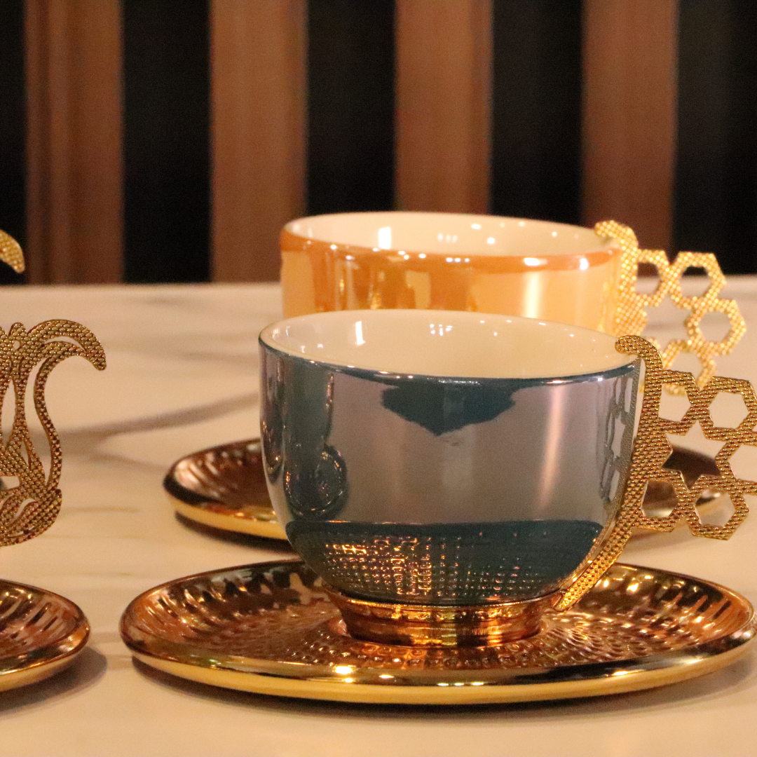 Luxury Colorful Arabic Gold Handle Coffee Set - 12 Pcs