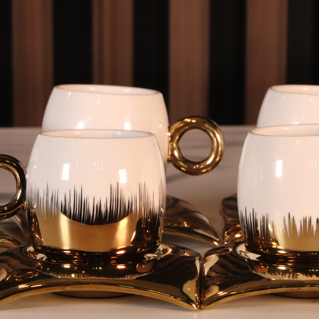 White & Gold Curved Arabic Coffee Set - 12 Pcs