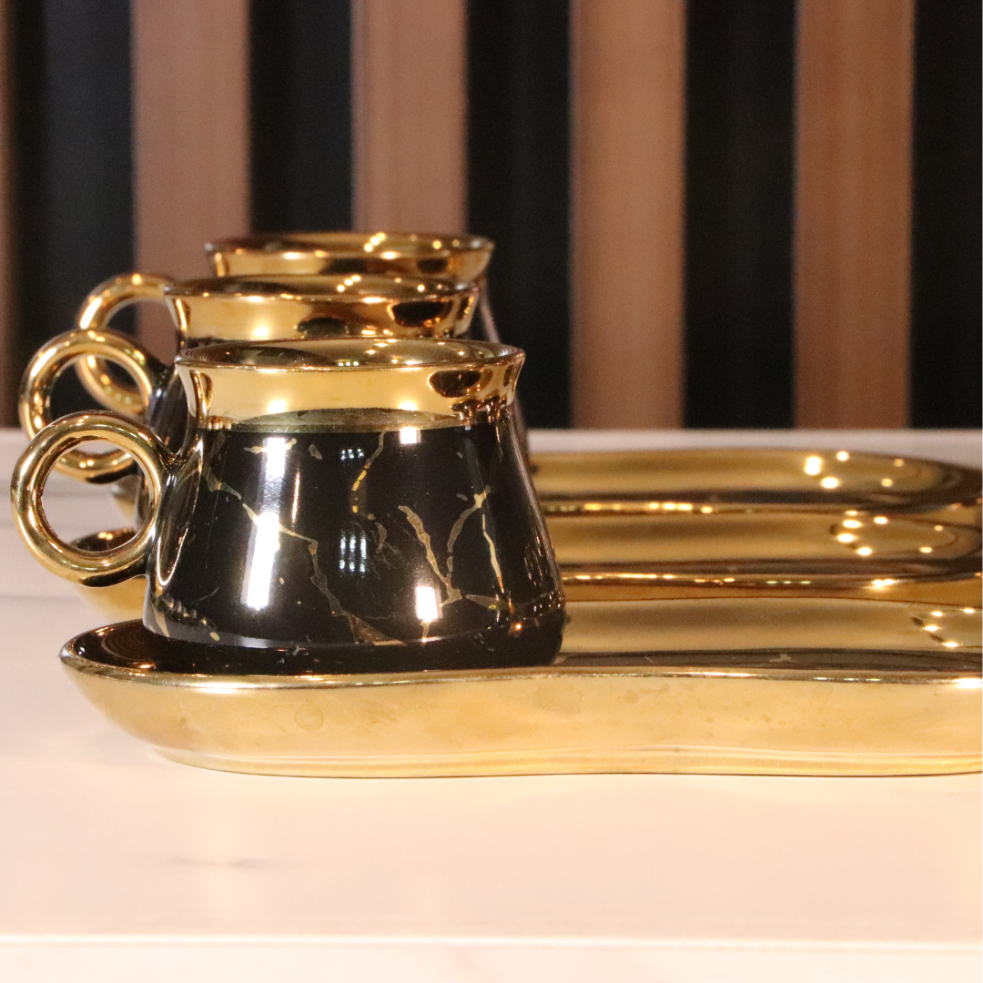 Black & Gold Ship Arabic Coffee Set - 12 Pcs