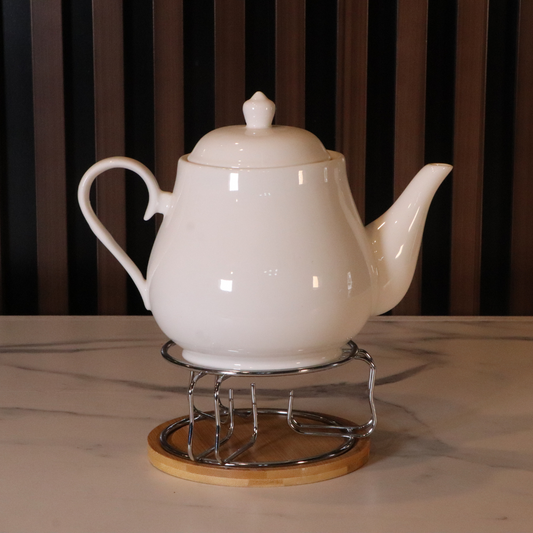 White Tea Kettle With Metal Stand & Wooden Coaster