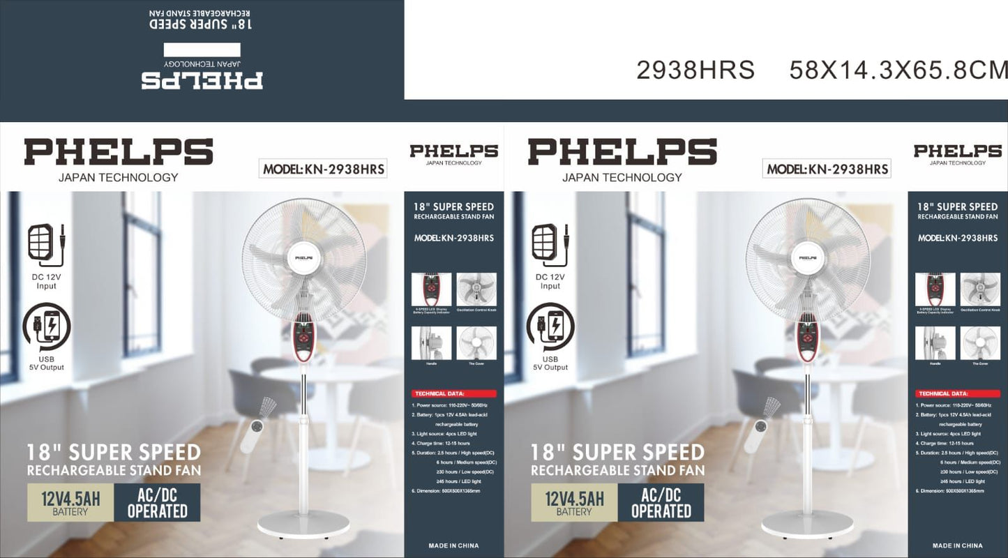 Phelps Rechargeable 2938HRS Fan 18 inch with remote