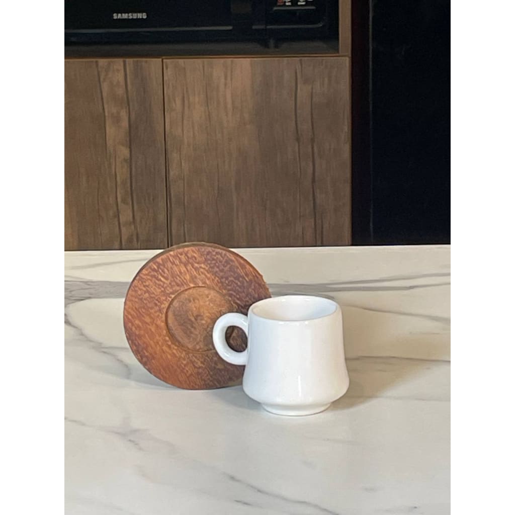 Ceramic Egg Coffee Cups 12 Pcs Set - White + Wood Coasters