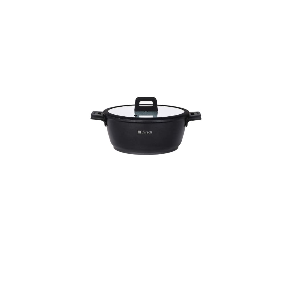 "Black aluminum casserole pot with stainless steel lid, suitable for glass-ceramic, gas, electric, and induction stoves."