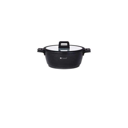 Dorsch Lifetime Casserole 22cm – 3L: Black aluminum casserole with stainless steel lid, suitable for induction stoves. Capacity of 3 liters. Heat resistant up to 230°C."