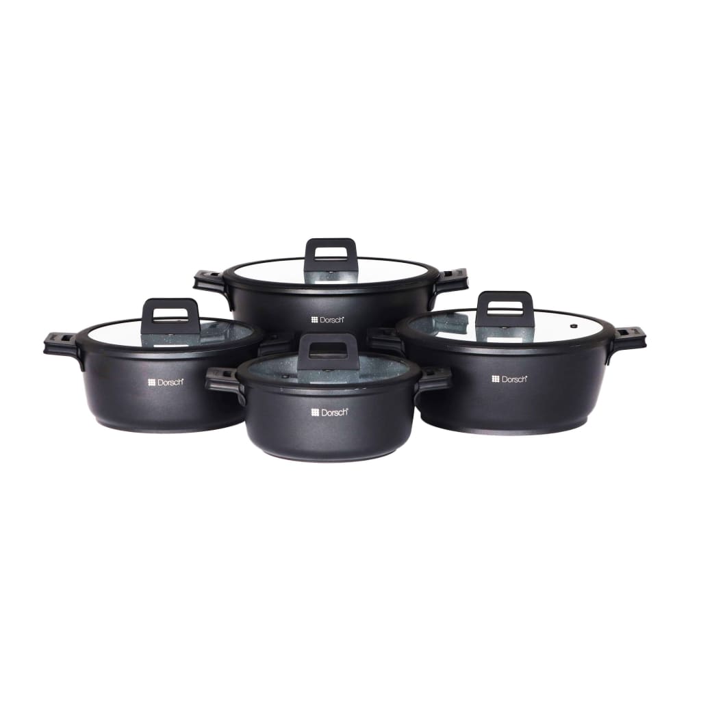 Dorsch "Lifetime Casserole Set – 4 Pcs, Die-Cast Aluminum, Black, Stainless Steel Lid, Induction Compatible, Suitable for Glass-Ceramic, Gas, Electric Stoves, Heat Resistant up to 230°C, Includes Spare Parts: Lid, Silicone Handle, Knob"