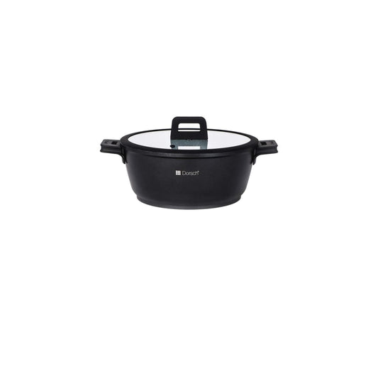 "24 cm Dorsch Lifetime Casserole with 4-liter capacity, die-cast aluminum body, and stainless steel lid. Suitable for induction, gas, electric, and glass-ceramic stoves."