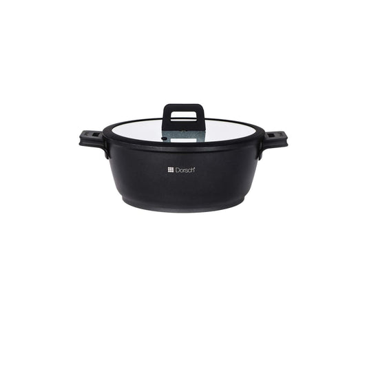 "26 cm Lifetime Dorsch Casserole with 5.2-liter capacity, die-cast aluminum body, and stainless steel lid. Suitable for induction, gas, electric, and glass-ceramic stoves."