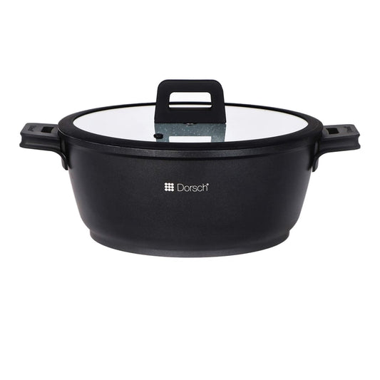 "36 cm Dorsch Lifetime Casserole with 13.4-liter capacity, die-cast aluminum body, and stainless steel lid. Compatible with induction, gas, electric, and glass-ceramic stoves."