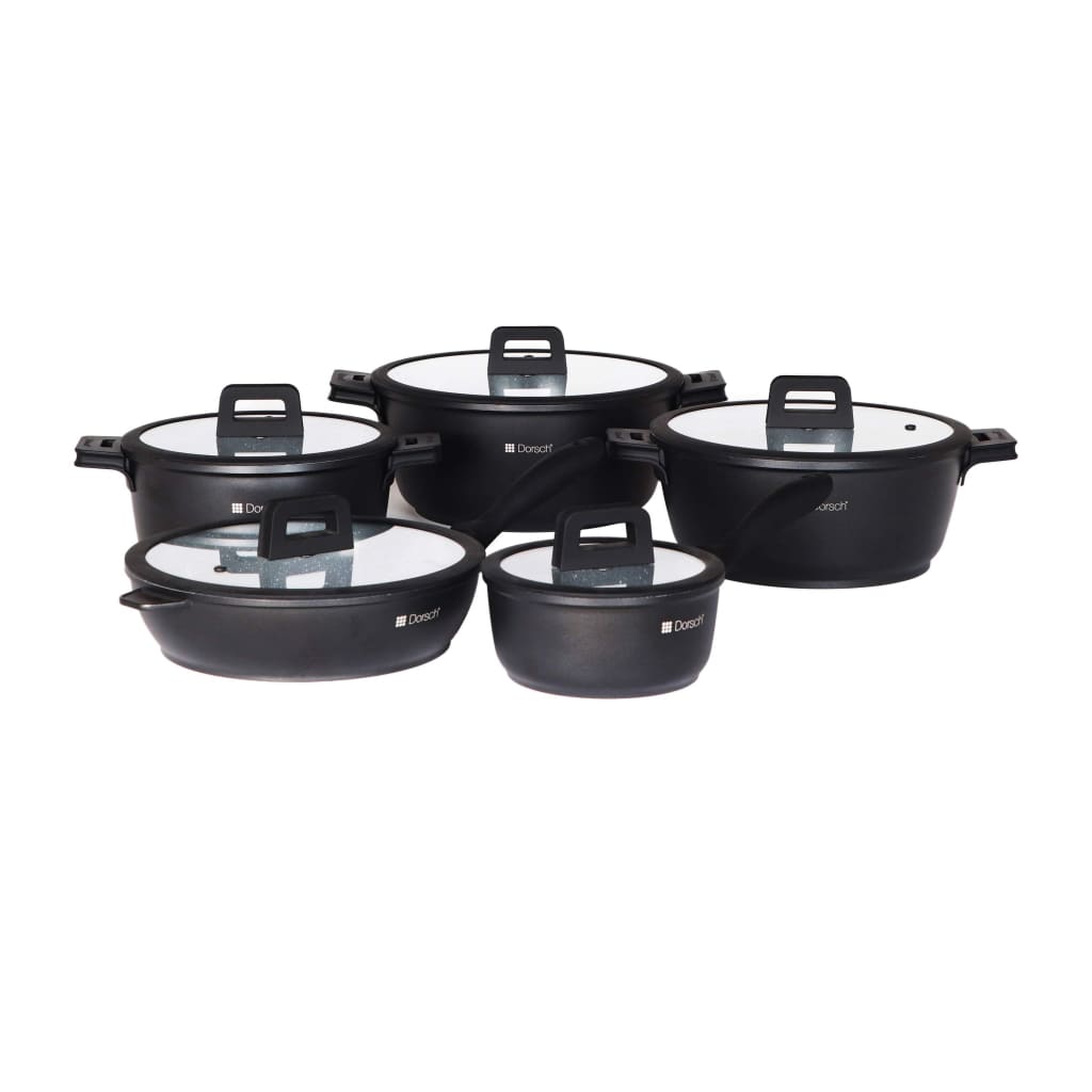"Dorsch Cookware Set - Black Aluminum with stainless steel lids, suitable for all heat sources including induction, heat resistant up to 230°C, easy to clean, non-stick ceramic coating, 5-piece set including various casserole sizes and a deeper fry pan."