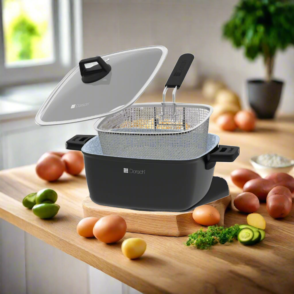 "Dorsch Lifetime Frying Pot 28cm – 7.2L. Non-stick ceramic-coated aluminum body for even heat distribution. Compatible with induction. Removable silicone handle and glass lid included. High heat resistance and easy to clean."