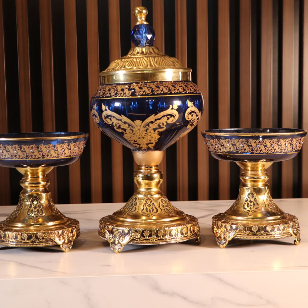 Luxury Blue & Gold Plated 3 Pcs Vase Set [Crystal]