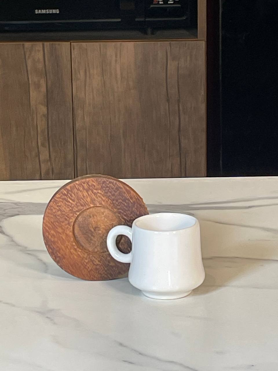 Ceramic Egg Coffee Cups 12 Pcs Set - White + Wood Coasters