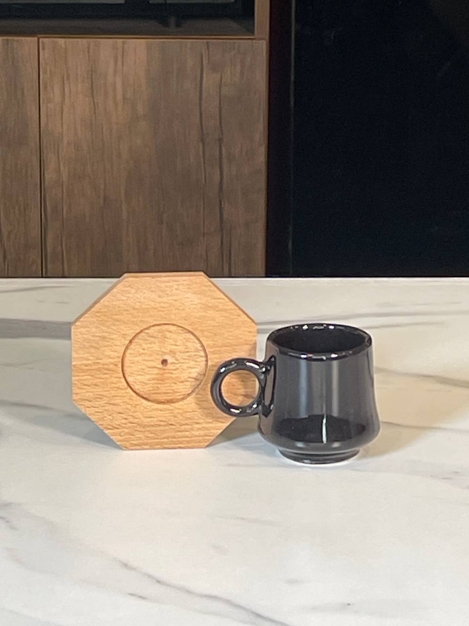Ceramic Egg Coffee Cups 12 Pcs Set - Black + Wood Coasters