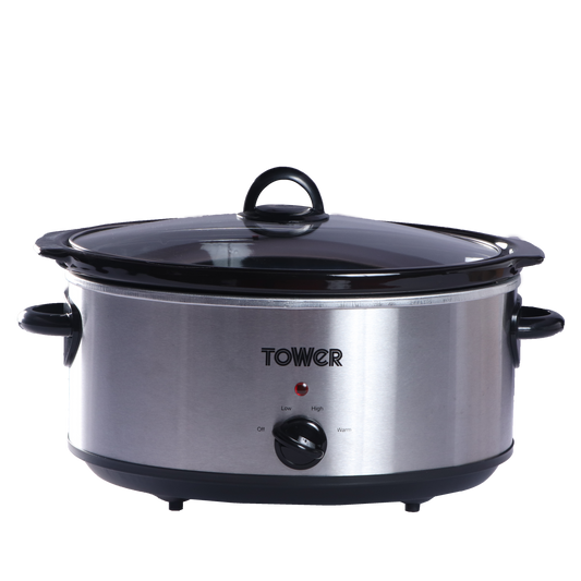 Tower T16040 6.5L Slow Cooker with 3 Heat Setting Warm/Med/High, Removable Pot with Toughened Glass Lid, 320w, Stainless Steel Finish