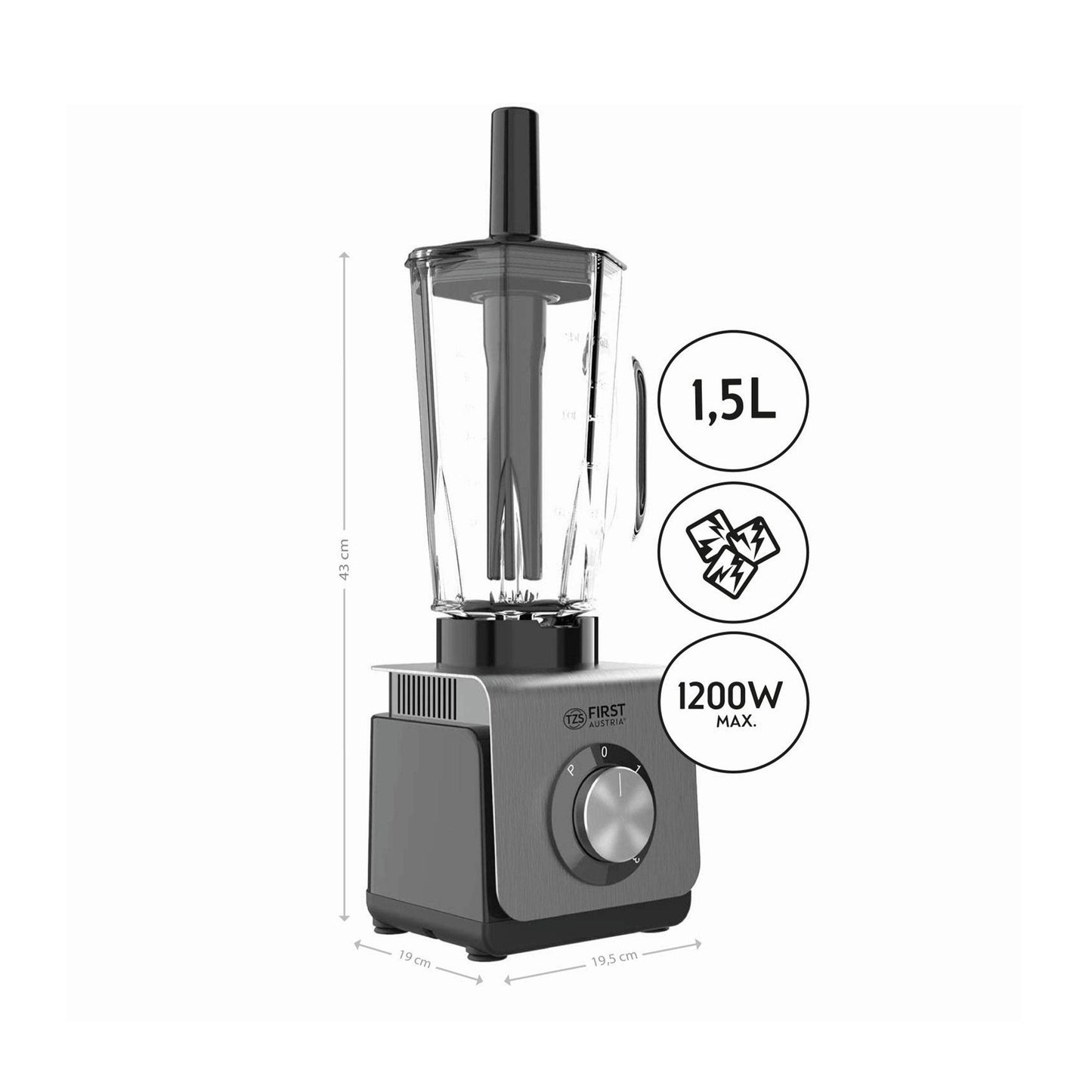TZS First Austria Blender Mixer 1200 W, Powerful Smoothie Blender with 1.5 L Detachable Glass Bowl, Multifunction Mixer 6 Blades, 3 Speeds, Ice Function, Gray and Black-Royal Brands Co-