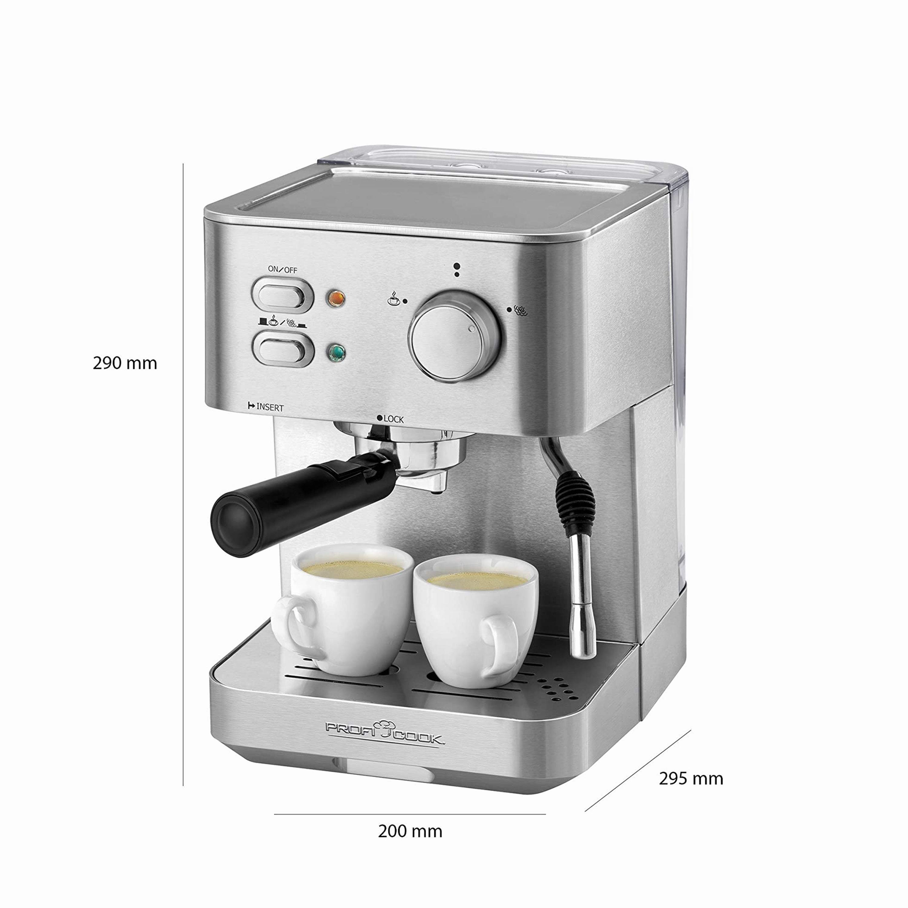 ProfiCook PC-ES 1209 Espresso Machine, 20 Bar Max. Pump Pressure, Cup Preheating Function, 1.8 Litre Water Tank, Stainless Steel-Royal Brands Co-